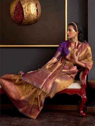 Golden Elegant Banarasi Silk Blend Woven Saree with Tassel Detailing ClothsVilla