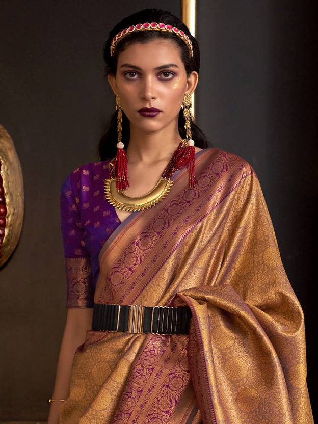 Golden Elegant Banarasi Silk Blend Woven Saree with Tassel Detailing Secondary image