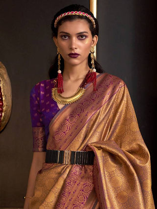 Golden Elegant Banarasi Silk Blend Woven Saree with Tassel Detailing ClothsVilla