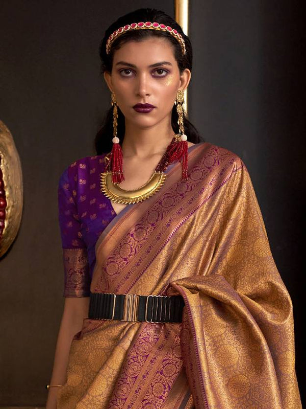 Golden Elegant Banarasi Silk Blend Woven Saree with Tassel Detailing ClothsVilla