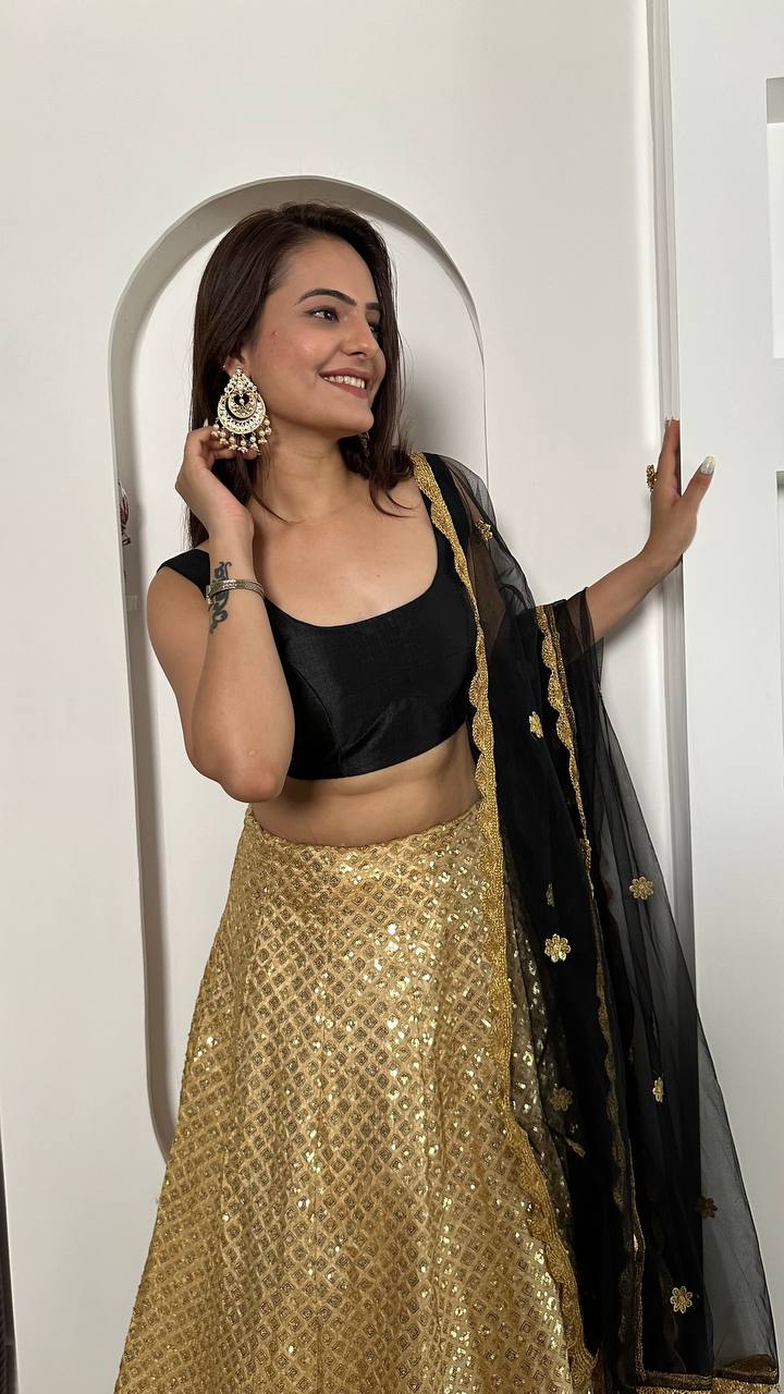 Golden Festive Sparkle – Kasturi Silk Sequin Lehenga Set ClothsVilla