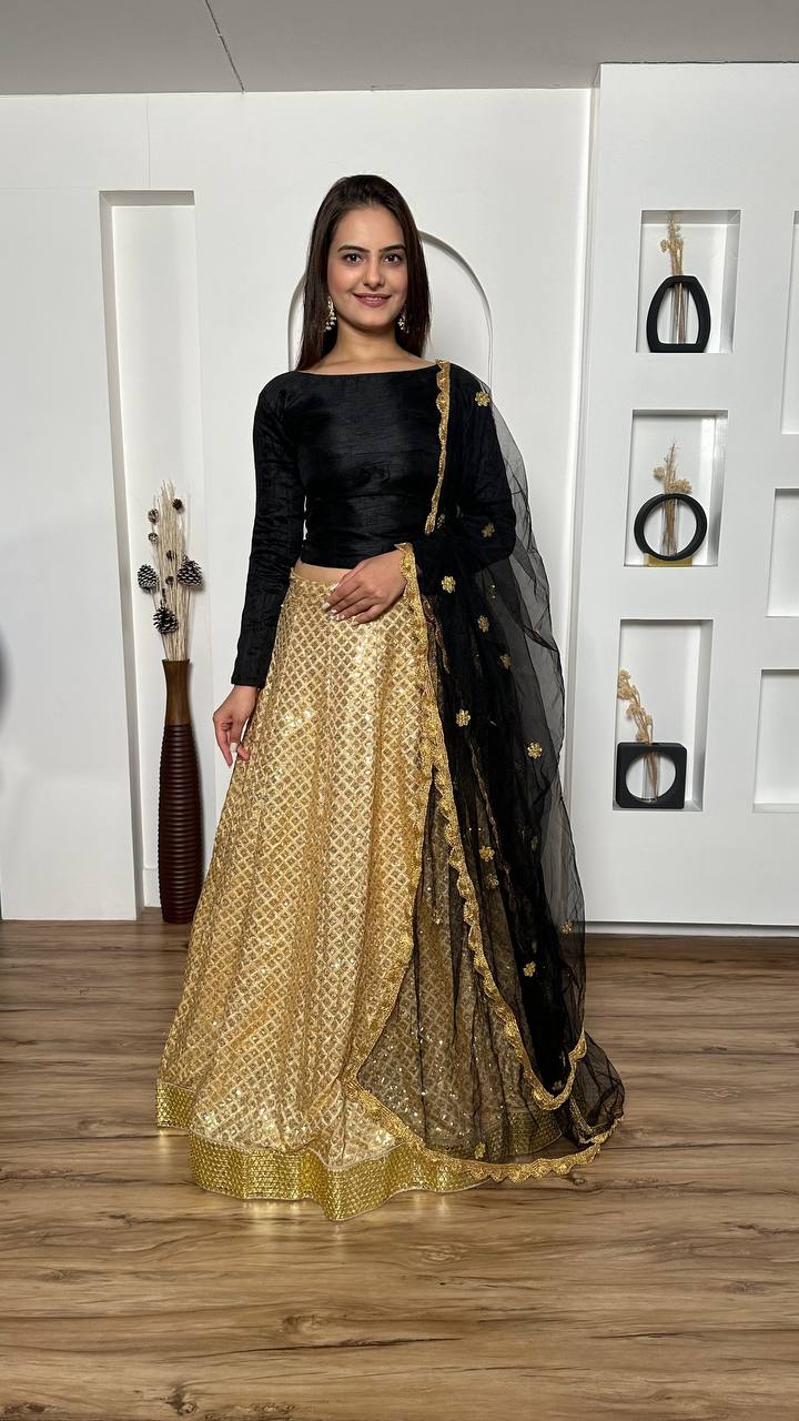 Golden Festive Sparkle – Kasturi Silk Sequin Lehenga Set ClothsVilla