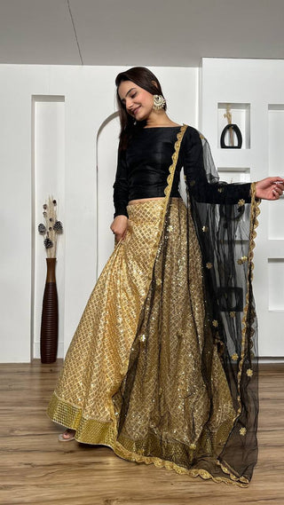 Golden Festive Sparkle – Kasturi Silk Sequin Lehenga Set ClothsVilla