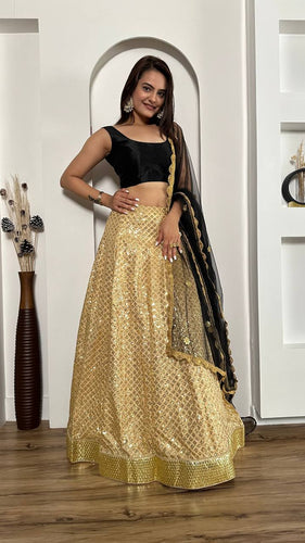 Golden Festive Sparkle – Kasturi Silk Sequin Lehenga Set ClothsVilla