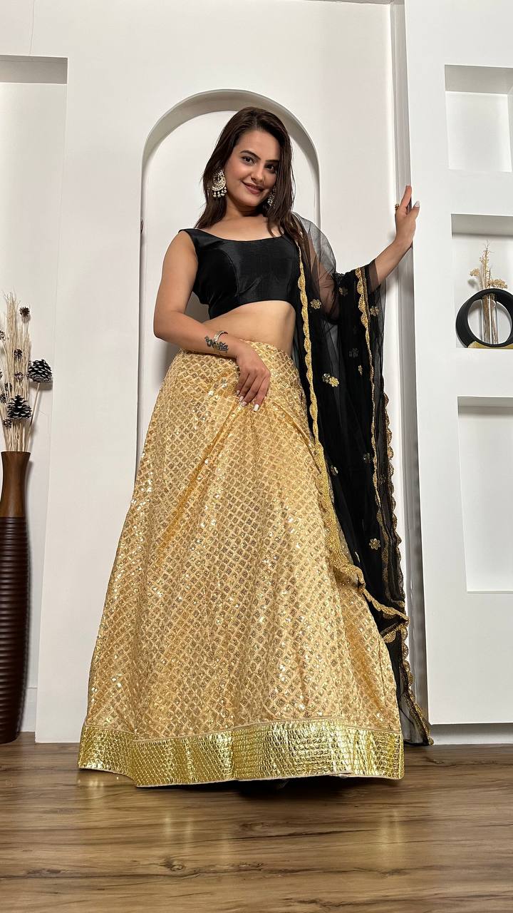 Golden Festive Sparkle – Kasturi Silk Sequin Lehenga Set Secondary image