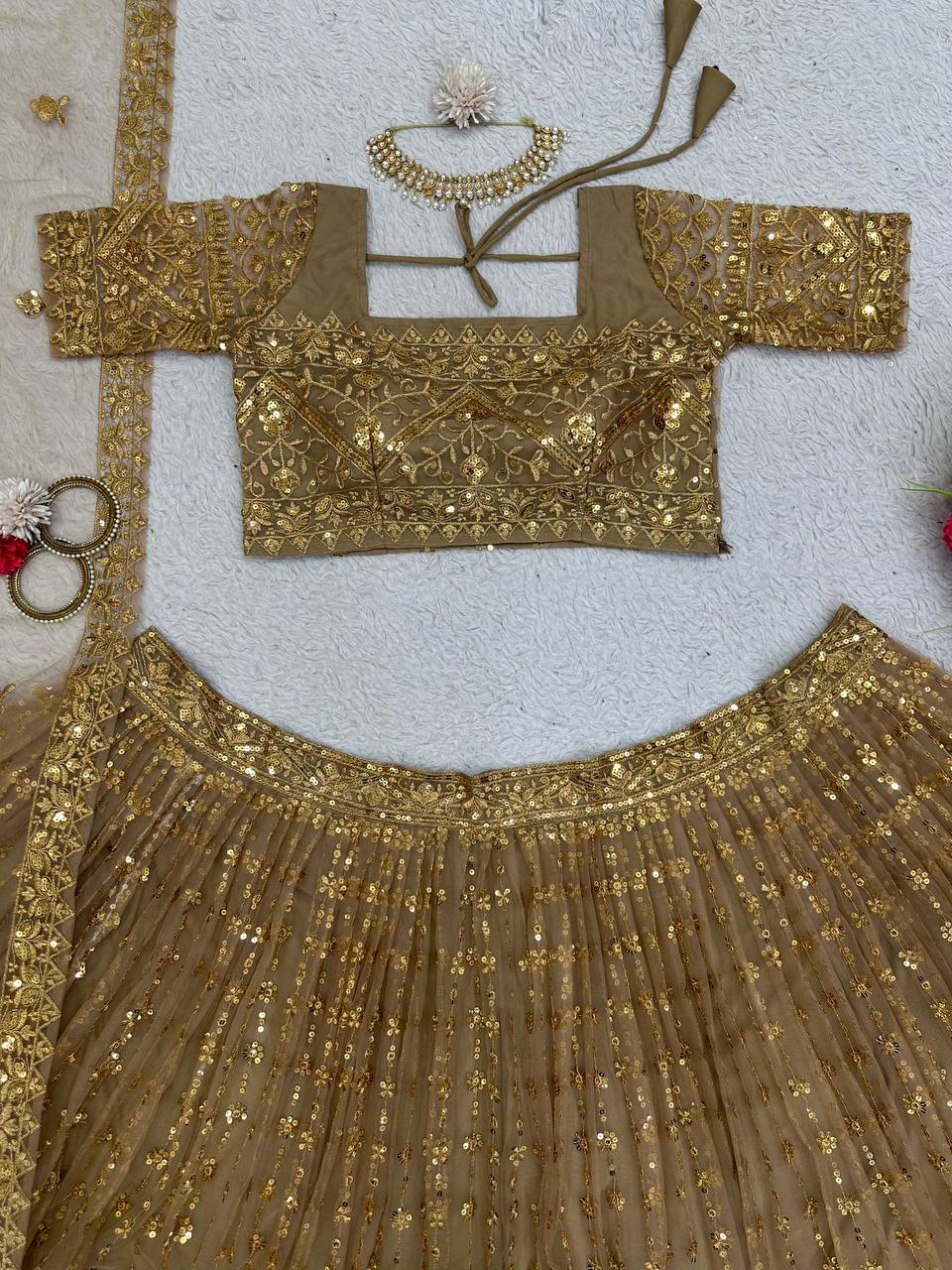 Golden Glam Butterfly Net Lehenga Set with Sequin Embroidery & Designer Lace Dupatta ClothsVilla