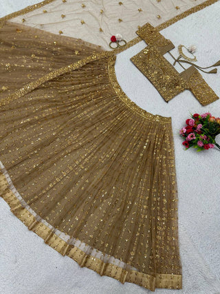 Golden Glam Butterfly Net Lehenga Set with Sequin Embroidery & Designer Lace Dupatta ClothsVilla
