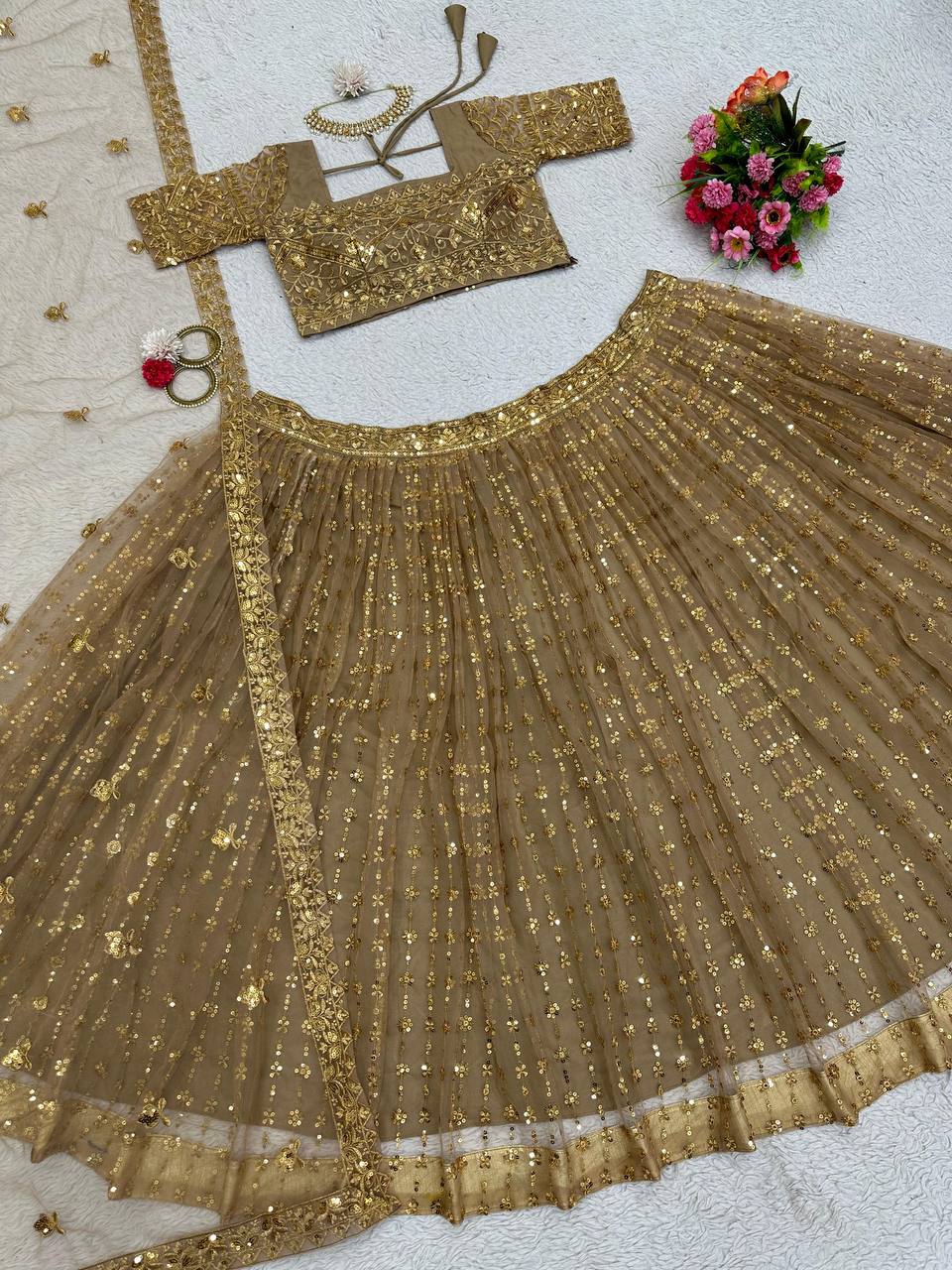 Golden Glam Butterfly Net Lehenga Set with Sequin Embroidery & Designer Lace Dupatta ClothsVilla