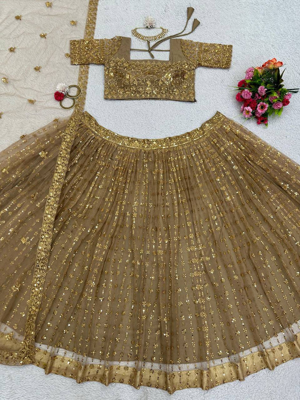 Golden Glam Butterfly Net Lehenga Set with Sequin Embroidery & Designer Lace Dupatta ClothsVilla