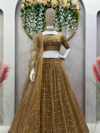 Golden Glam Butterfly Net Lehenga Set with Sequin Embroidery & Designer Lace Dupatta ClothsVilla