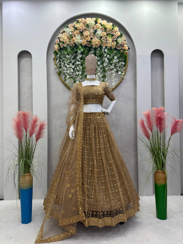 Golden Glam Butterfly Net Lehenga Set with Sequin Embroidery & Designer Lace Dupatta ClothsVilla