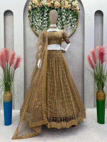 Golden Glam Butterfly Net Lehenga Set with Sequin Embroidery & Designer Lace Dupatta ClothsVilla
