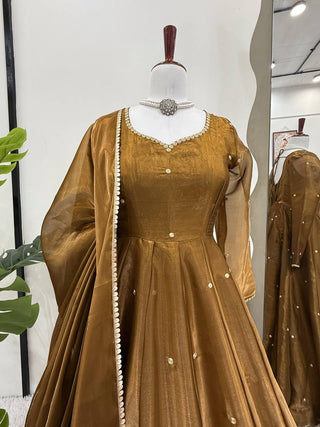 Golden Jimi Choo Thread Work Suit Set with Four-Side Lace Dupatta ClothsVilla