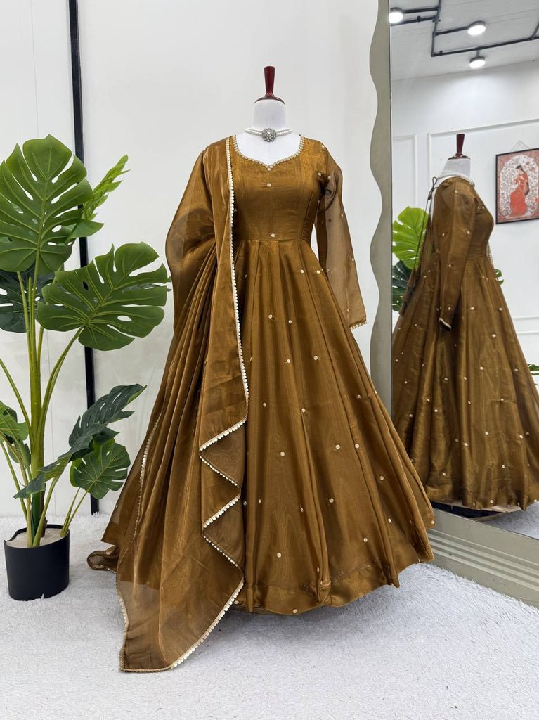 Golden Jimi Choo Thread Work Suit Set with Four-Side Lace Dupatta ClothsVilla