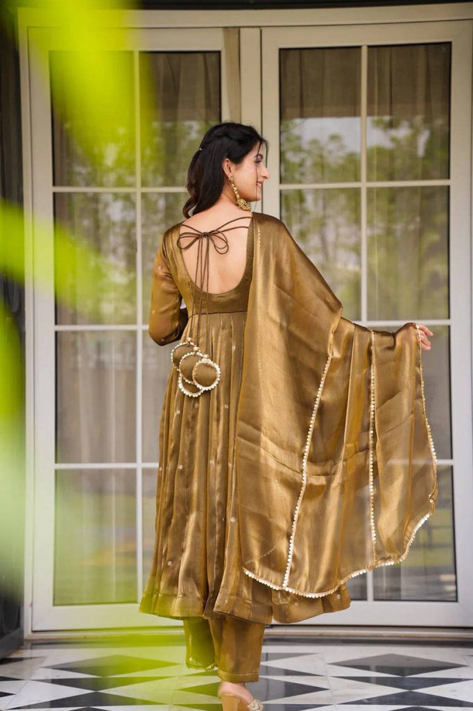 Golden Jimi Choo Thread Work Suit Set with Four-Side Lace Dupatta ClothsVilla