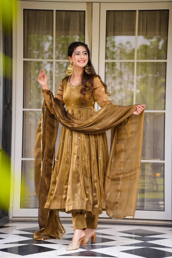 Golden Jimi Choo Thread Work Suit Set with Four-Side Lace Dupatta ClothsVilla