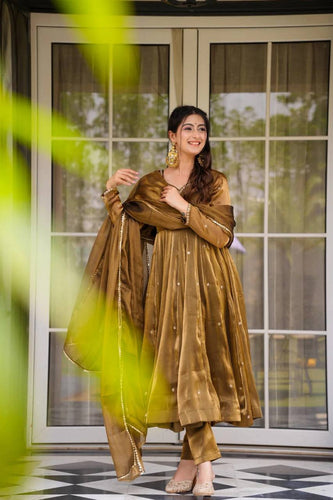 Golden Jimi Choo Thread Work Suit Set with Four-Side Lace Dupatta ClothsVilla