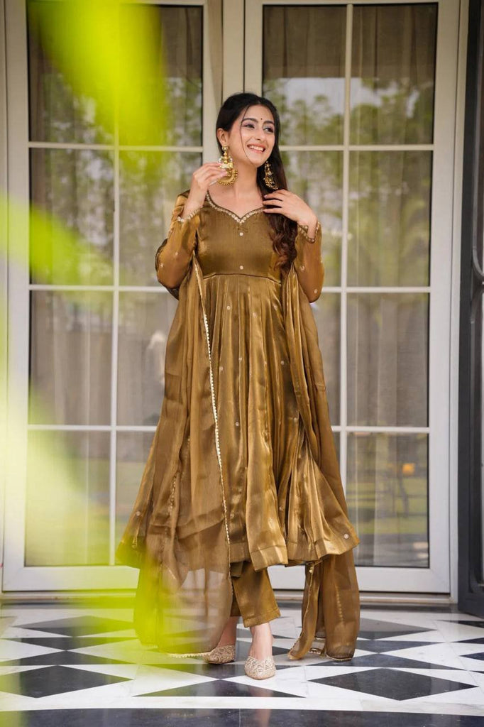 Golden Jimi Choo Thread Work Suit Set with Four-Side Lace Dupatta ClothsVilla