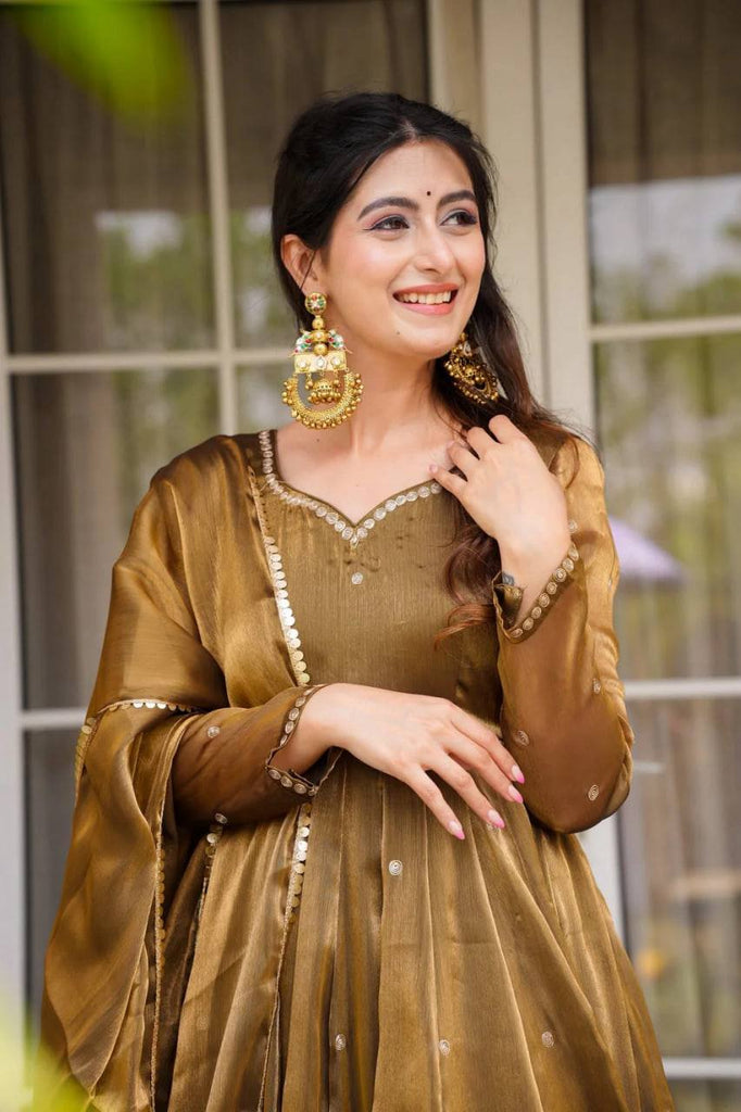 Golden Jimi Choo Thread Work Suit Set with Four-Side Lace Dupatta ClothsVilla