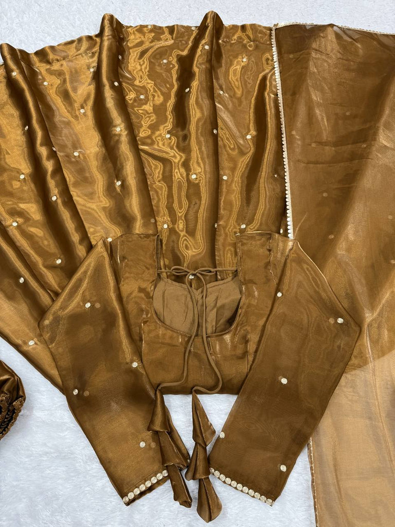 Golden Jimi Choo Thread Work Suit Set with Four-Side Lace Dupatta ClothsVilla