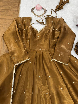 Golden Jimi Choo Thread Work Suit Set with Four-Side Lace Dupatta ClothsVilla