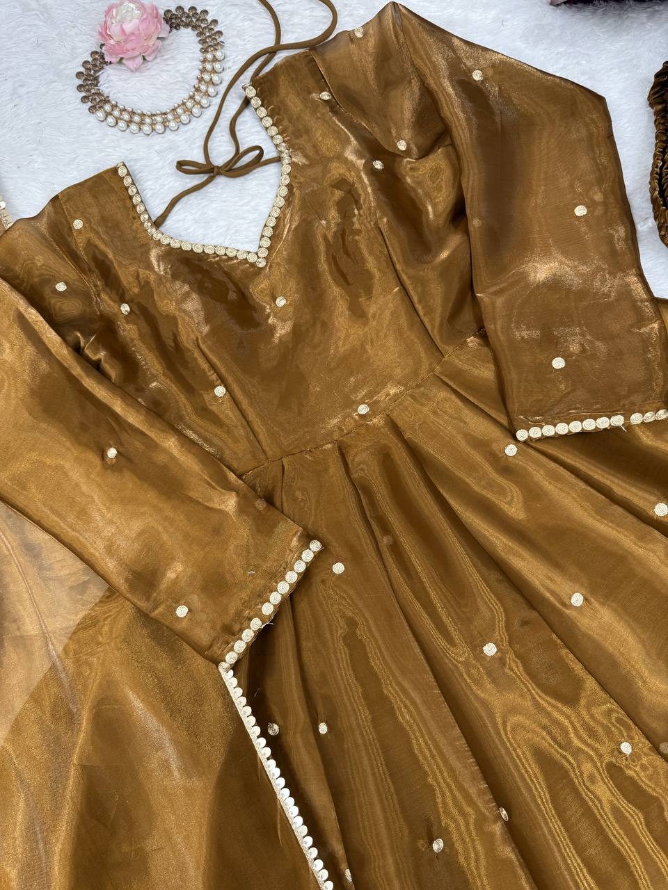 Golden Jimi Choo Thread Work Suit Set with Four-Side Lace Dupatta ClothsVilla