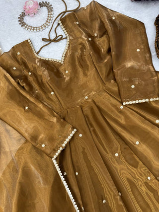 Golden Jimi Choo Thread Work Suit Set with Four-Side Lace Dupatta ClothsVilla