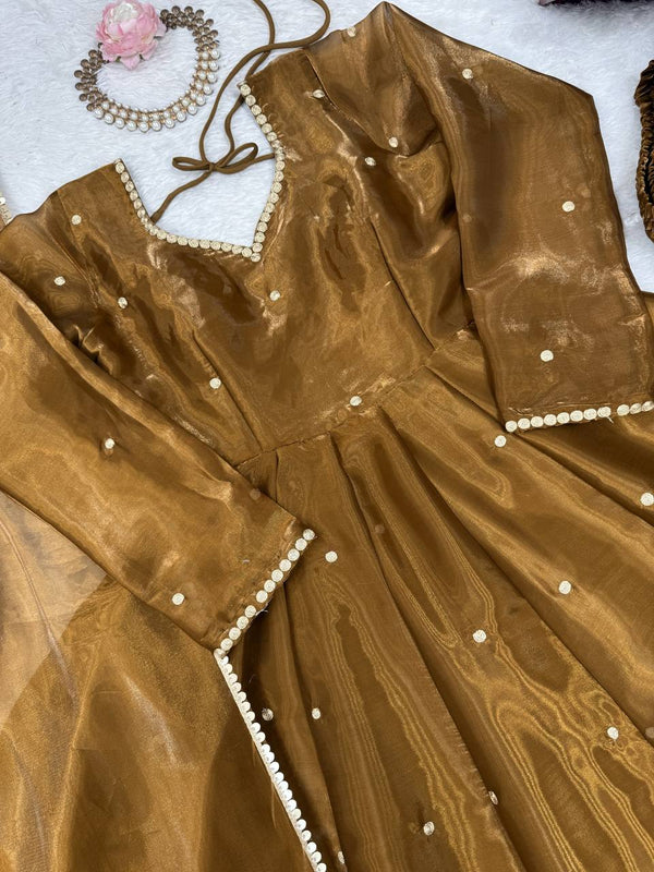 Golden Jimi Choo Thread Work Suit Set with Four-Side Lace Dupatta ClothsVilla