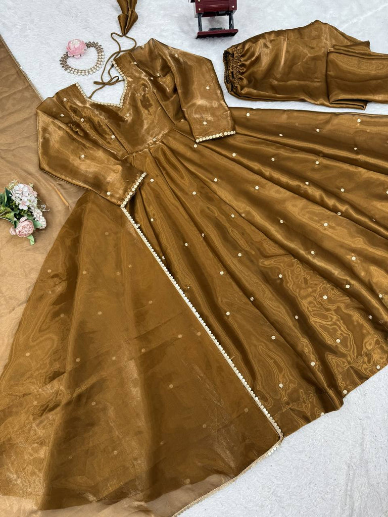 Golden Jimi Choo Thread Work Suit Set with Four-Side Lace Dupatta ClothsVilla