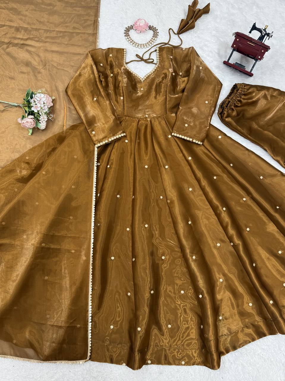 Golden Jimi Choo Thread Work Suit Set with Four-Side Lace Dupatta ClothsVilla