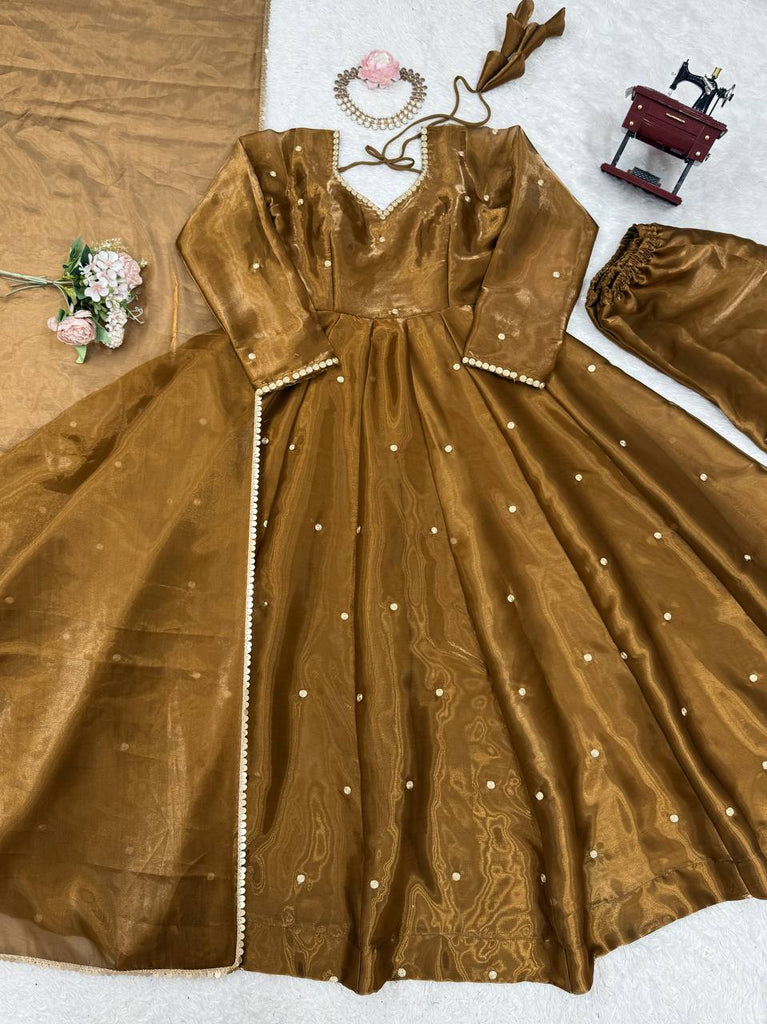 Golden Jimi Choo Thread Work Suit Set with Four-Side Lace Dupatta ClothsVilla