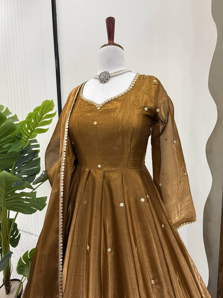 Golden Jimi Choo Thread Work Suit Set with Four-Side Lace Dupatta ClothsVilla