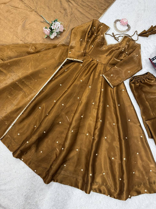 Golden Jimi Choo Thread Work Suit Set with Four-Side Lace Dupatta ClothsVilla