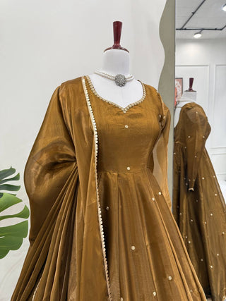 Golden Jimi Choo Thread Work Suit Set with Four-Side Lace Dupatta ClothsVilla