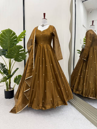 Golden Jimi Choo Thread Work Suit Set with Four-Side Lace Dupatta ClothsVilla