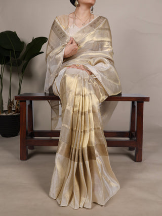 Off White Luxurious Gold Tissue Zari Woven Saree Set – Unstitched Blouse Included ClothsVilla