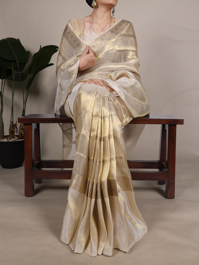 Off White Luxurious Gold Tissue Zari Woven Saree Set – Unstitched Blouse Included ClothsVilla