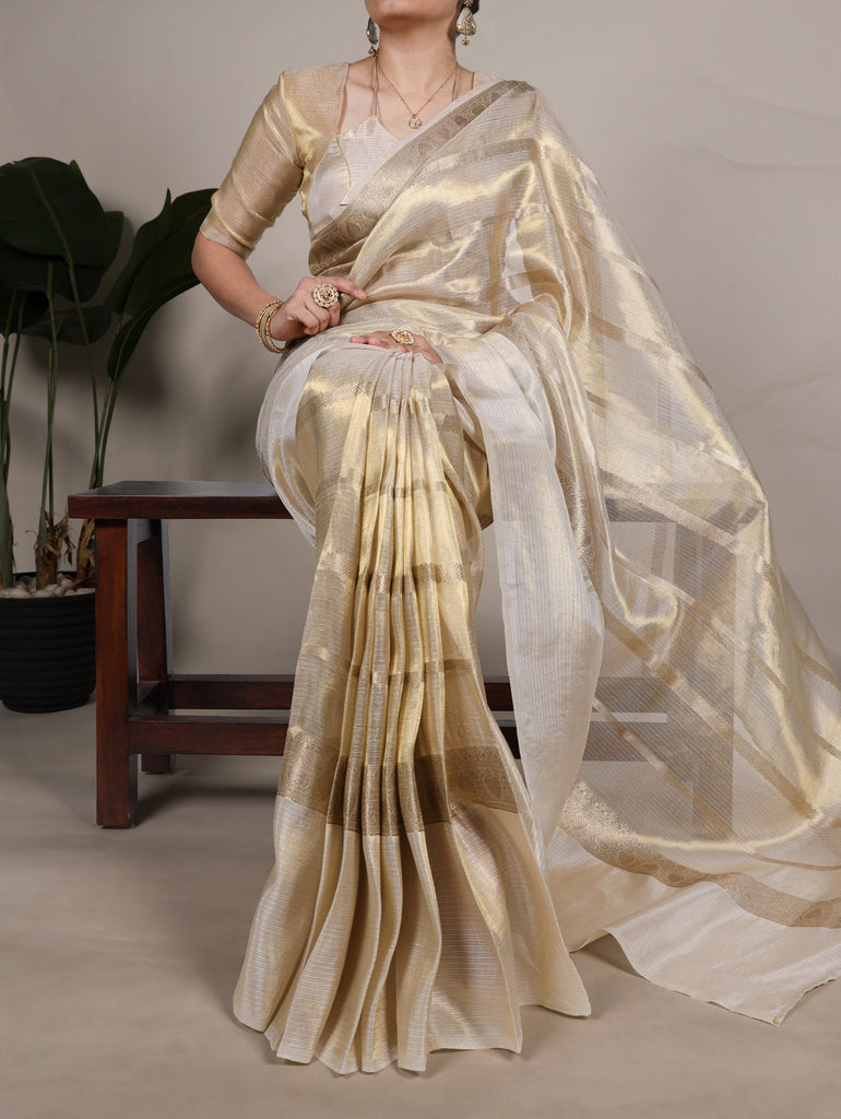 Off White Luxurious Gold Tissue Zari Woven Saree Set – Unstitched Blouse Included ClothsVilla