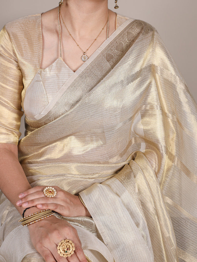 Off White Luxurious Gold Tissue Zari Woven Saree Set – Unstitched Blouse Included ClothsVilla