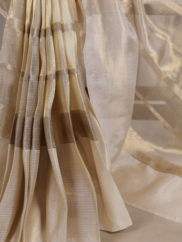 Off White Luxurious Gold Tissue Zari Woven Saree Set – Unstitched Blouse Included ClothsVilla