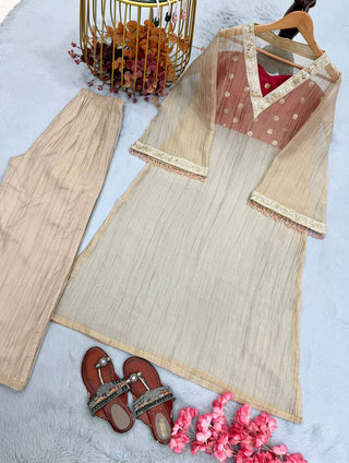 Golden Tissue Embroidered Kurta Palazzo Set ClothsVilla