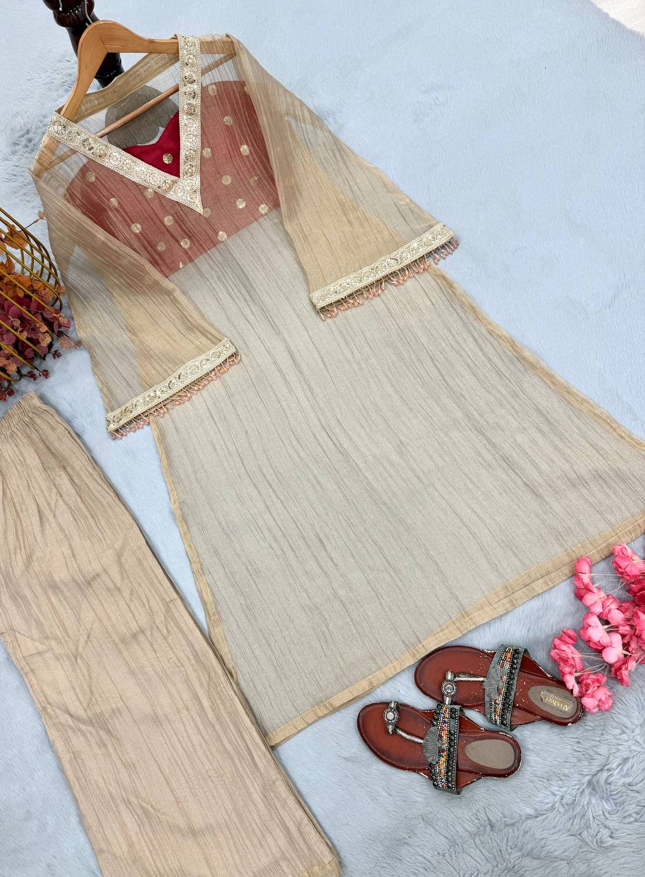 Golden Tissue Embroidered Kurta Palazzo Set ClothsVilla