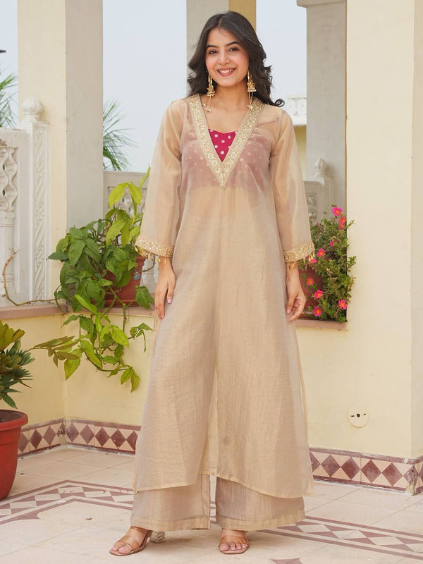 Golden Tissue Embroidered Kurta Palazzo Set ClothsVilla