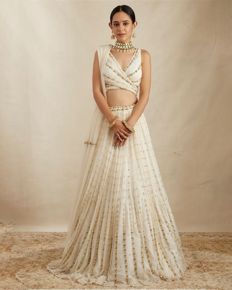 Gorgeous Georgette Off White Lehenga Choli Dupatta Set with Jari Embroidery ClothsVilla