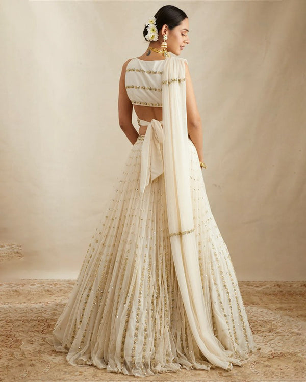 Gorgeous Georgette Off White Lehenga Choli Dupatta Set with Jari Embroidery ClothsVilla