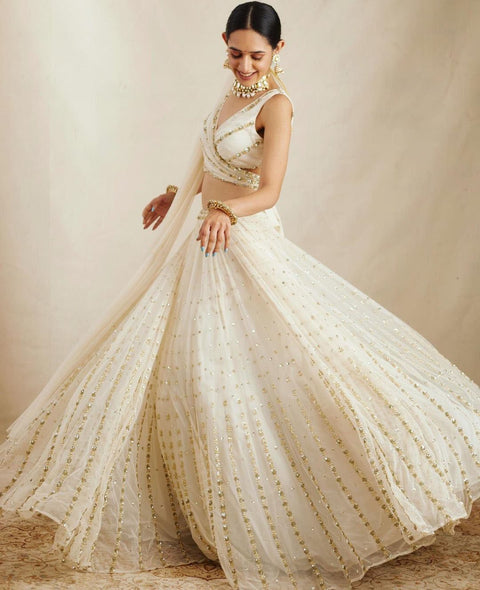 Gorgeous Georgette Off White Lehenga Choli Dupatta Set with Jari Embroidery ClothsVilla Main image