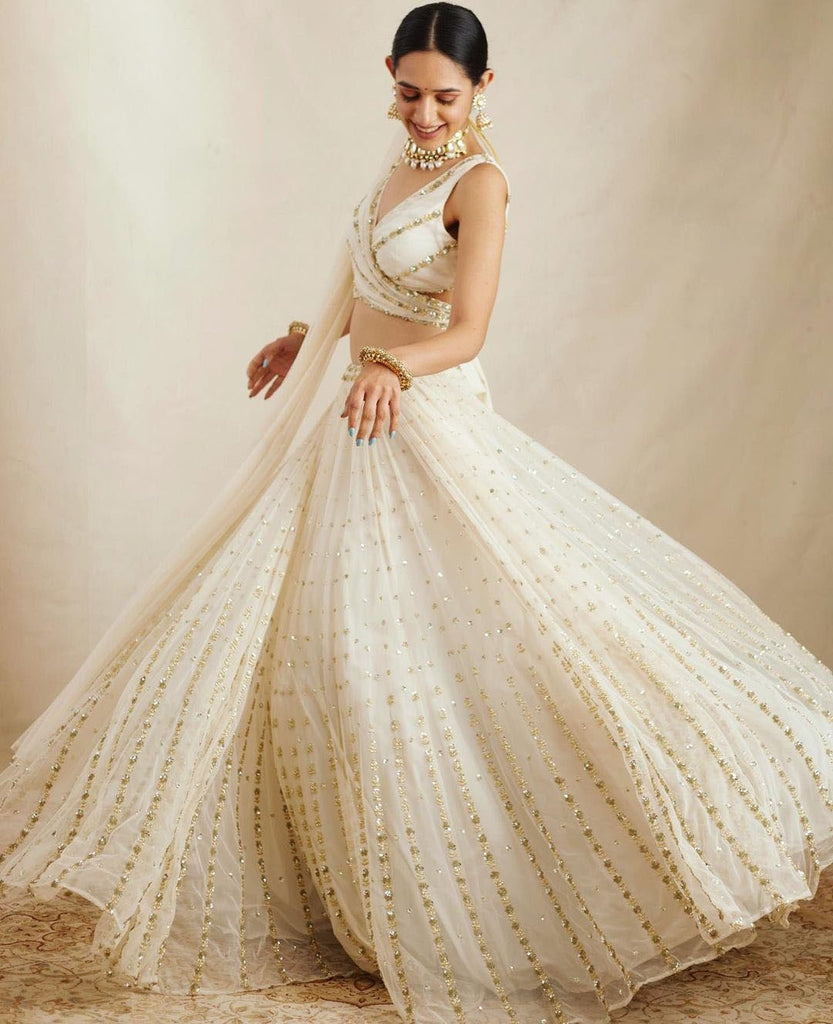 Gorgeous Georgette Off White Lehenga Choli Dupatta Set with Jari Embroidery ClothsVilla