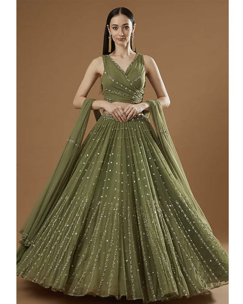 Gorgeous Georgette Olive Green Lehenga Choli Dupatta Set with Jari Embroidery ClothsVilla Main image