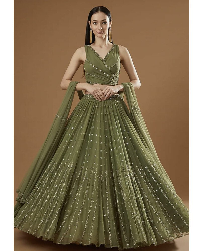 Gorgeous Georgette Olive Green Lehenga Choli Dupatta Set with Jari Embroidery ClothsVilla