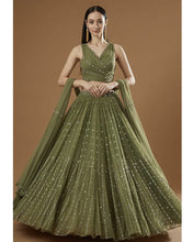 Load image into Gallery viewer, Gorgeous Georgette Olive Green Lehenga Choli Dupatta Set with Jari Embroidery ClothsVilla